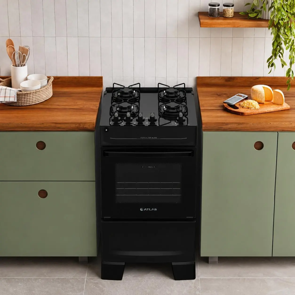 Fogão de Piso 4 Bocas Atlas Tropical Top Glass Preto Bivolt ,Mesa de Vidro, Acendimento Automático e Forno 48L 110/220V - Imagem 3