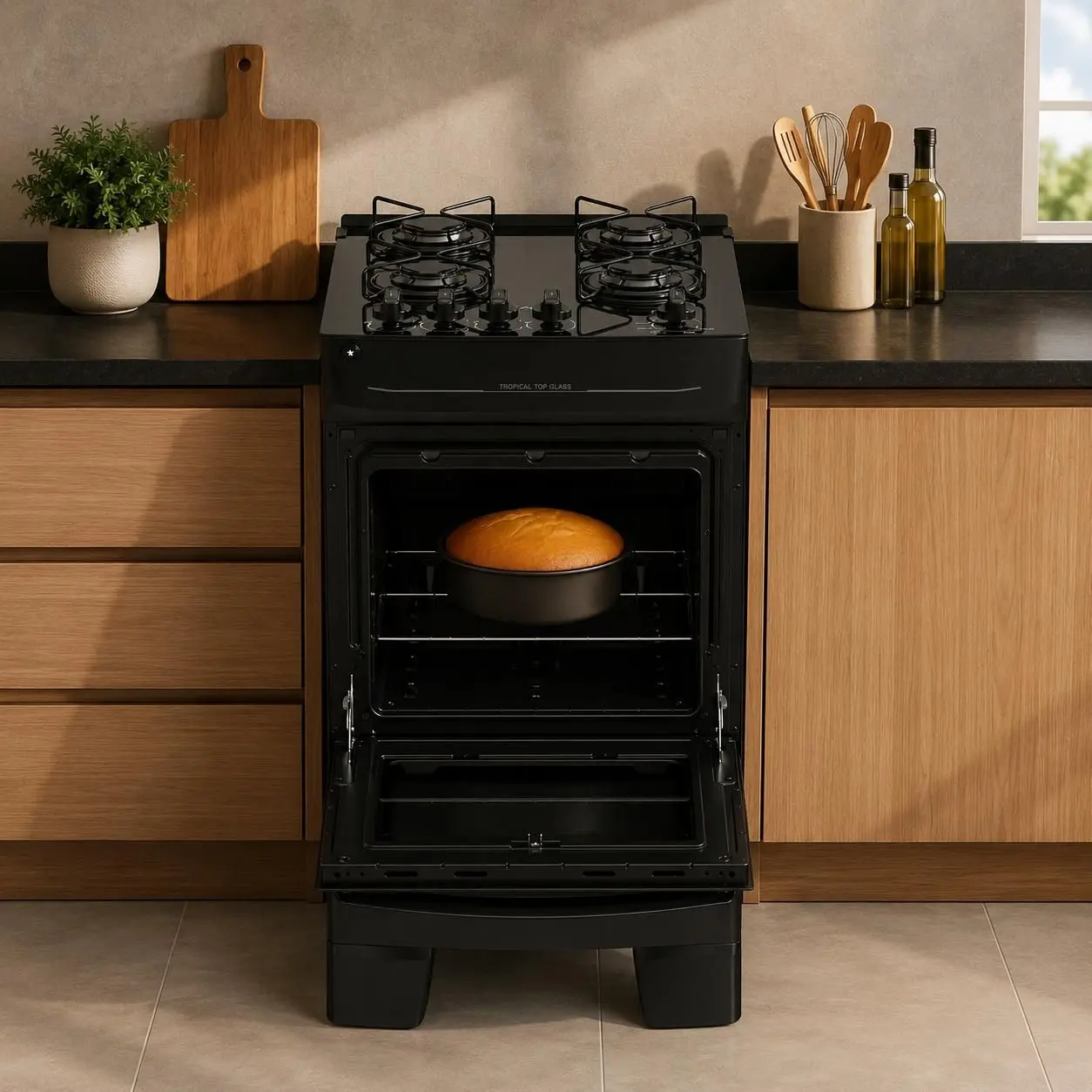 Fogão de Piso 4 Bocas Atlas Tropical Top Glass Preto Bivolt ,Mesa de Vidro, Acendimento Automático e Forno 48L 110/220V - Imagem 4
