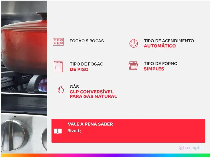 Fogão Consul 5 bocas cor Inox com mesa de vidro e grade de ferro fundido - CFS5VAR 110/220V - Imagem 2