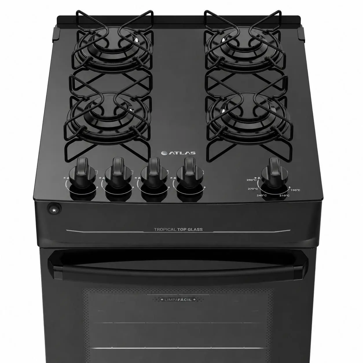 Fogão de Piso 4 Bocas Atlas Tropical Top Glass Preto Bivolt ,Mesa de Vidro, Acendimento Automático e Forno 48L 110/220V - Imagem 2