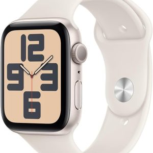 Apple Watch SE GPS • Caixa estelar de alumínio – 44 mm • Pulseira esportiva estelar – P/M