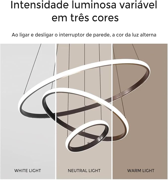 Luminária Pendente LED Moderna 3 Anéis 72W, Redonda Embutida, Regulável, 3 Cores de Luz (3000K/4000K/6000K), Altura Ajustável, Design Luxuoso para Sala, Quarto ou Escritório (Preto) - Imagem 3