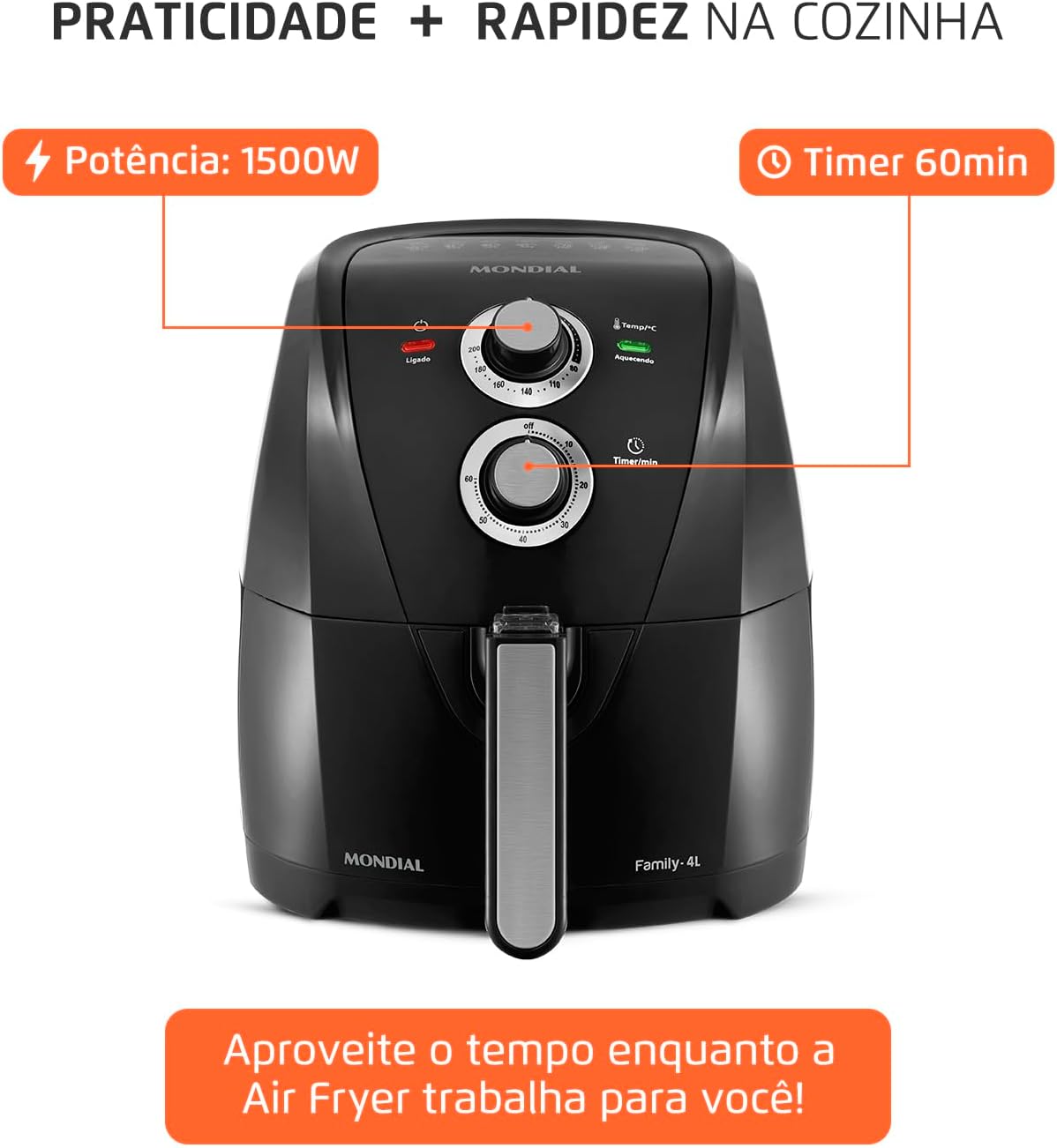 MONDIAL Fritadeira Sem Óleo Air Fryer 4L, Preto/Prata, 1500W, 220V - AFN-40-BFS - Imagem 3