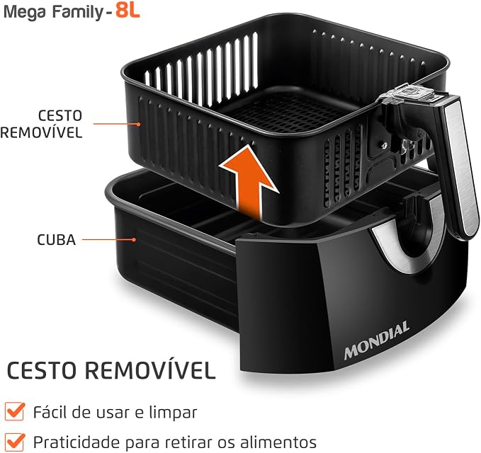 MONDIAL Fritadeira Sem Óleo Air Fryer 8L, Preto/Inox, 1900W, 220V - AFN-80-BI - Imagem 4