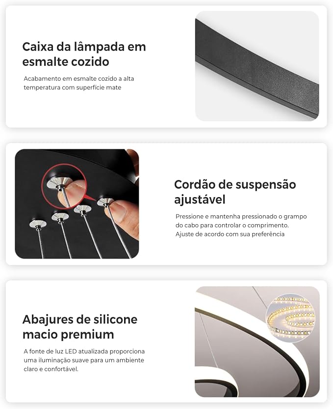 Luminária Pendente LED Moderna 3 Anéis 72W, Redonda Embutida, Regulável, 3 Cores de Luz (3000K/4000K/6000K), Altura Ajustável, Design Luxuoso para Sala, Quarto ou Escritório (Preto) - Imagem 4