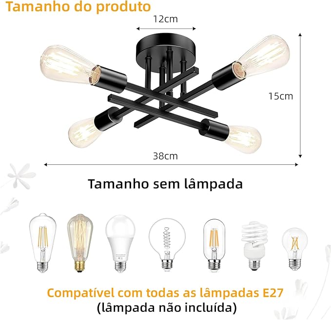 BEMMY Luminária de Teto, Luminária Pendente De 4 Cabeças Preto, Luminária Pendente De Teto Regulável 85-265V Iluminação de 3 Tons(Lâmpada Não Incluída) - Imagem 2