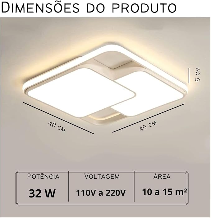 Luminária Lustre De LED Sobrepor Quadrada Bivolt 32W 3 Em 1 Com Luz Central Dupla Com Memorização de Cor Ideal Para Salas, Quartos, Cozinha Escritórios (Branco) - Imagem 3