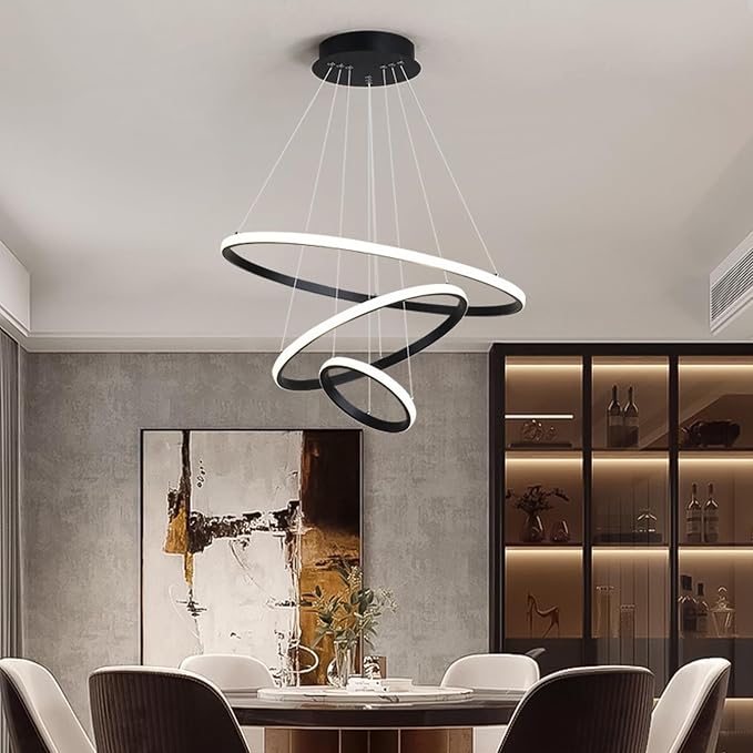 Luminária Pendente LED Moderna 3 Anéis 72W, Redonda Embutida, Regulável, 3 Cores de Luz (3000K/4000K/6000K), Altura Ajustável, Design Luxuoso para Sala, Quarto ou Escritório (Preto) - Imagem 2