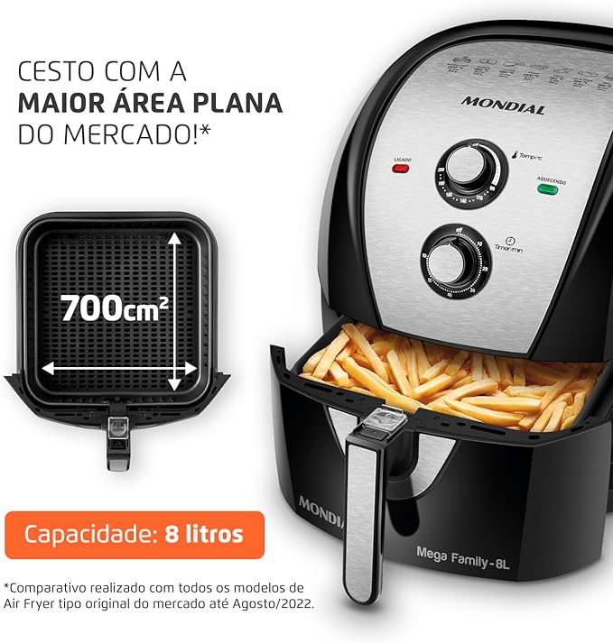MONDIAL Fritadeira Sem Óleo Air Fryer 8L, Preto/Inox, 1900W, 220V - AFN-80-BI - Imagem 2