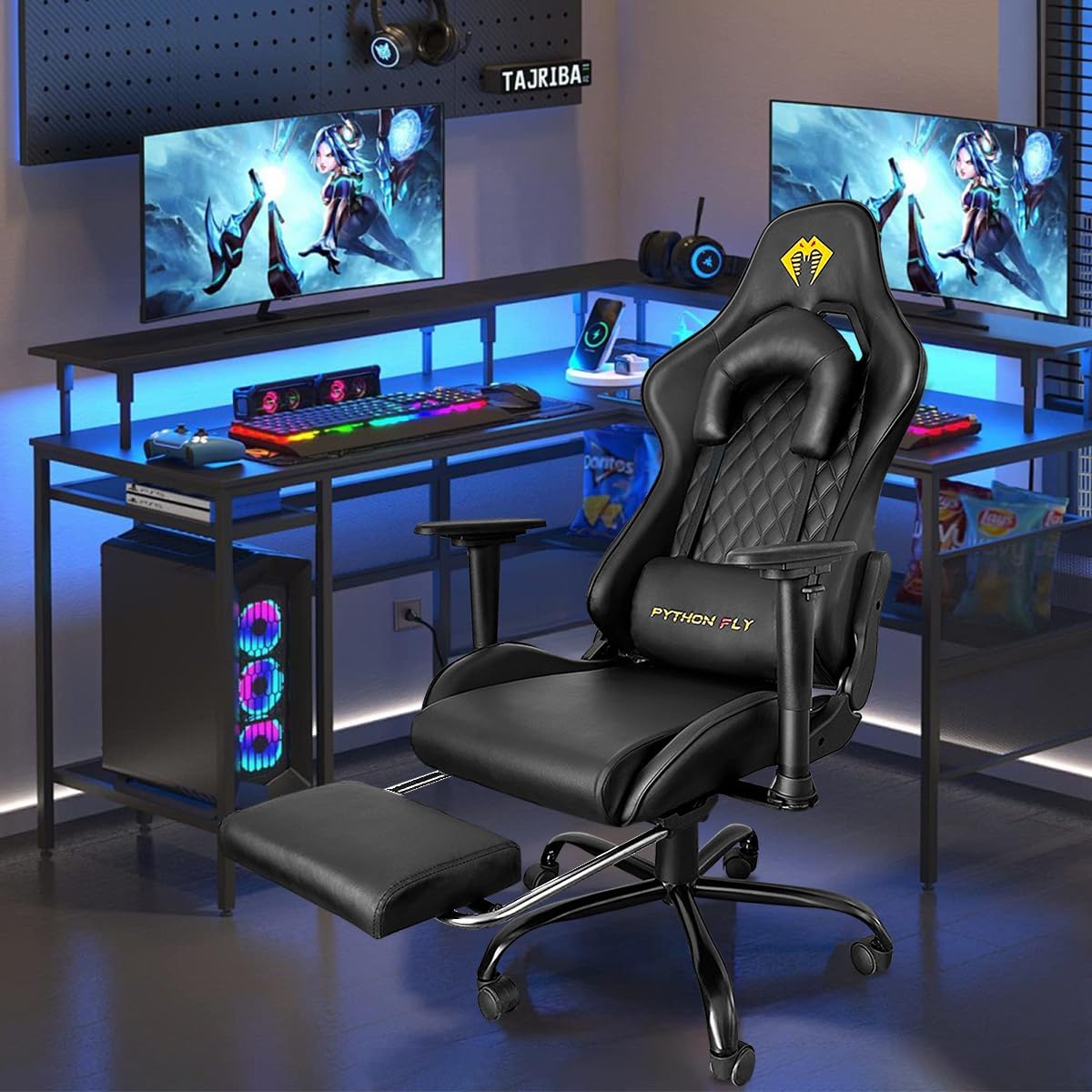 Cadeira Gamer Python Fly Deluxe, Design Ergonômico, Ajuste De 90-150 Graus, Design Preto E Dourado - Imagem 9