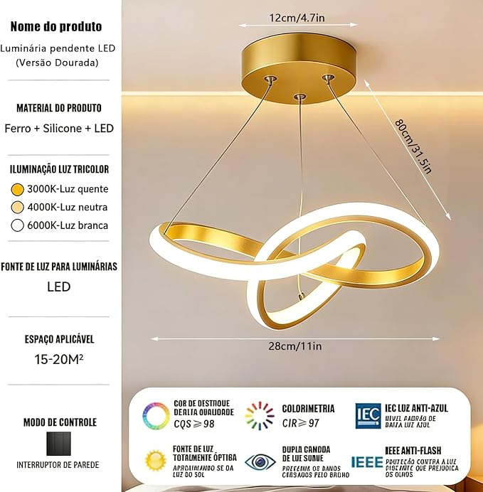 EKROTOK Lustre Pendente 28CM, Lustre de Alumínio 28W com Luz de 3 Cores, Luminária De Teto com Abajur de Silicone (110-220V) - Imagem 4