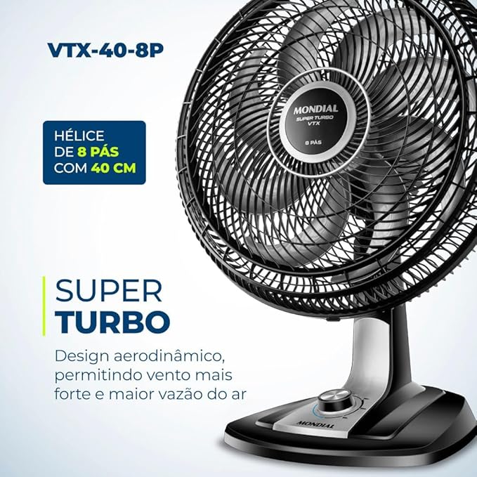 MONDIAL Ventilador 40cm Super Turbo 8 Pás, Preto/Prata, 140W, 220V - VTX-40-8P - Imagem 2