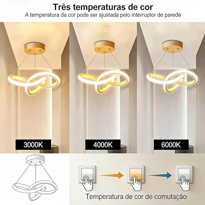 EKROTOK Lustre Pendente 28CM, Lustre de Alumínio 28W com Luz de 3 Cores, Luminária De Teto com Abajur de Silicone (110-220V) - Imagem 2