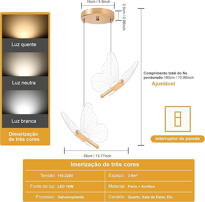 Lustre Pendente LED 2 Borboletas Dourada, Luz Tricolor 3000K-6000K - Imagem 2