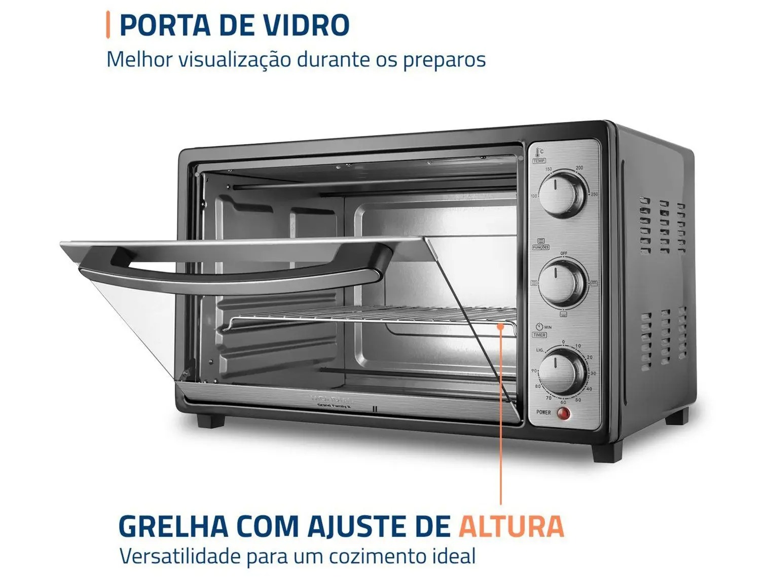 Forno Elétrico de Bancada Mondial Multifuncional 52L Preto e Prata Grand Family II FRN-52-B 110/220V - Imagem 3