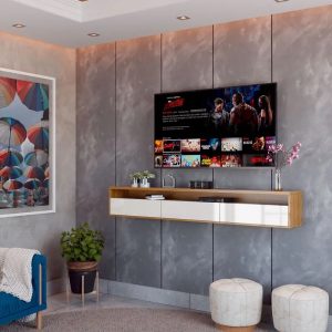 Rack Suspenso para TV Life 1.36 Off White com Freijó - MóveisAqui - MoveisAqui