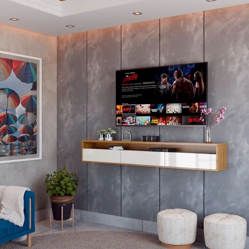 Rack Suspenso para TV Life 1.36 Off White com Freijó - MóveisAqui - MoveisAqui