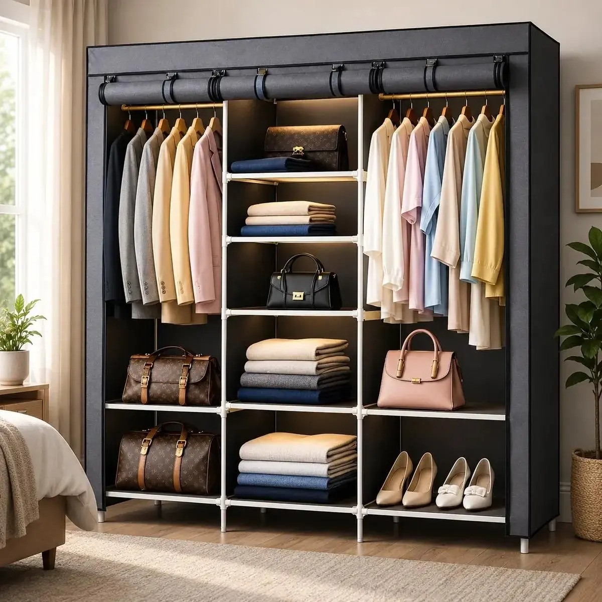 Armário Guarda Roupa Organizador Dobrável Desmontável Portátil de 3 colunas Cinza Suporta 30Kg - Genérica