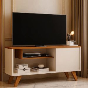 Rack P/ tvs até 43 P. Elen Bancada 1 porta Pés palito cor: Off white / Nature - Comprar Moveis em casa - Comprar Móveis em Casa