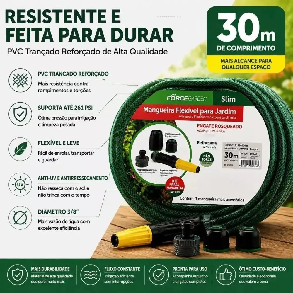 Mangueira Jardim 30 Metros Com Esguicho Trançada Reforçada Flexível Anti Dobra Irrigação Quintal - Force Line - Imagem 5