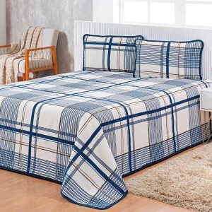 Cobre Leito Colcha Casal Queen 03 Peças Tecido Piquet Estampado Xadrez - Cortinas Ibitinga