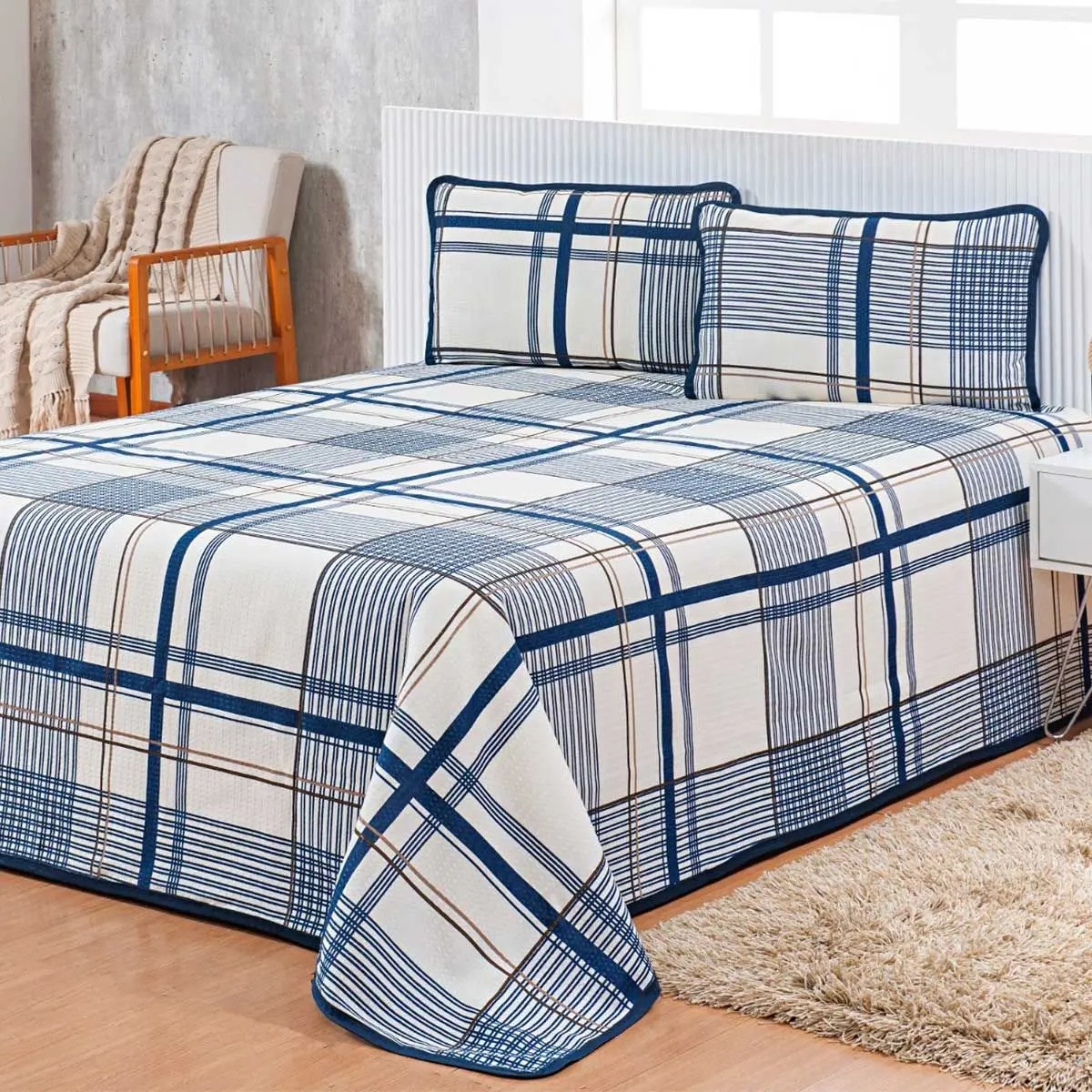 Cobre Leito Colcha Casal Queen 03 Peças Tecido Piquet Estampado Xadrez - Cortinas Ibitinga