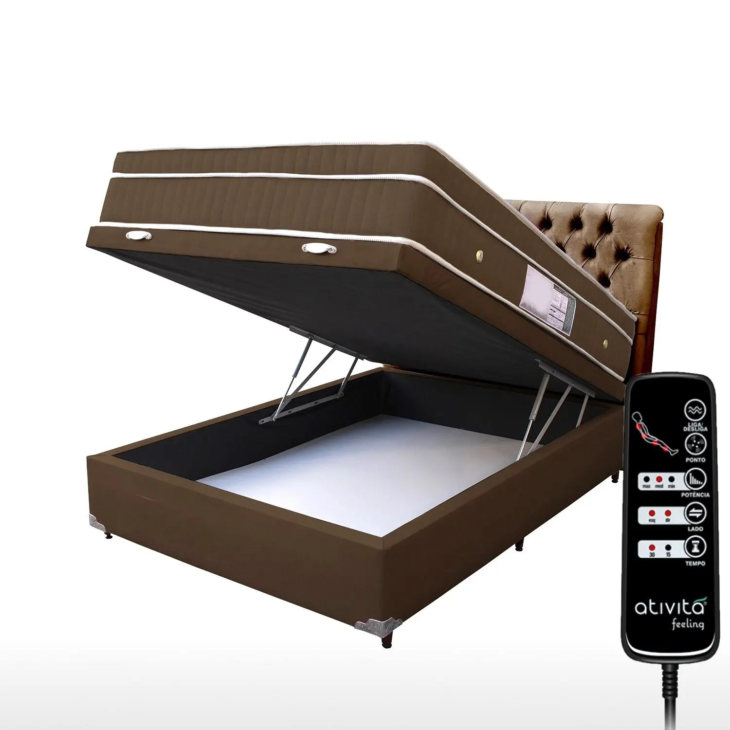 Cama Box Baú Casal 1,38x1,88 Com Controle Massageador Cabeceira Marrom ALLMAG