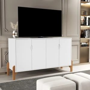 Rack Para Tv ou Aparador Buffet Pés Madeira 4 Portas Tamires Cor Branco - MJM Casa dos Móveis