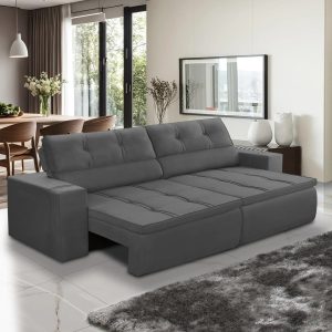Sofá Retrátil e Reclinável 3 lugares 1,90m com Molas Stella Suede Cinza Adonai Estofados