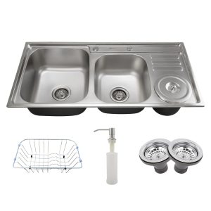 Cuba dupla de cozinha com lixeira produzida em aço inox com kit - cbc0007-c - Tubrax