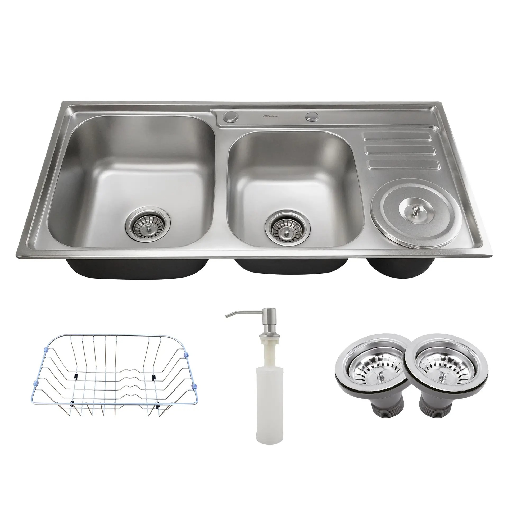Cuba dupla de cozinha com lixeira produzida em aço inox com kit - cbc0007-c - Tubrax