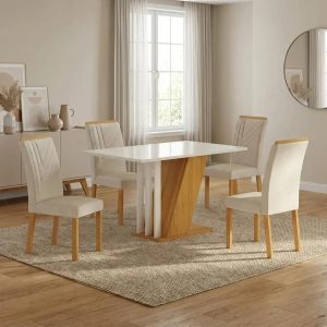 Conjunto Mesa de Jantar com 4 Cadeiras Miami Yescasa Off White/Freijó/Palha