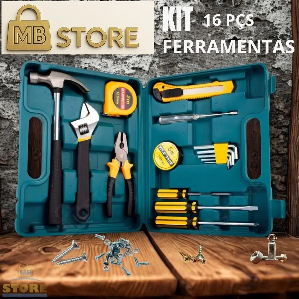 Kit Ferramentas Completo 16 peças Maleta de Ferramentas Multifuncional Alicate Martelo Chaves - Melhor Importadora