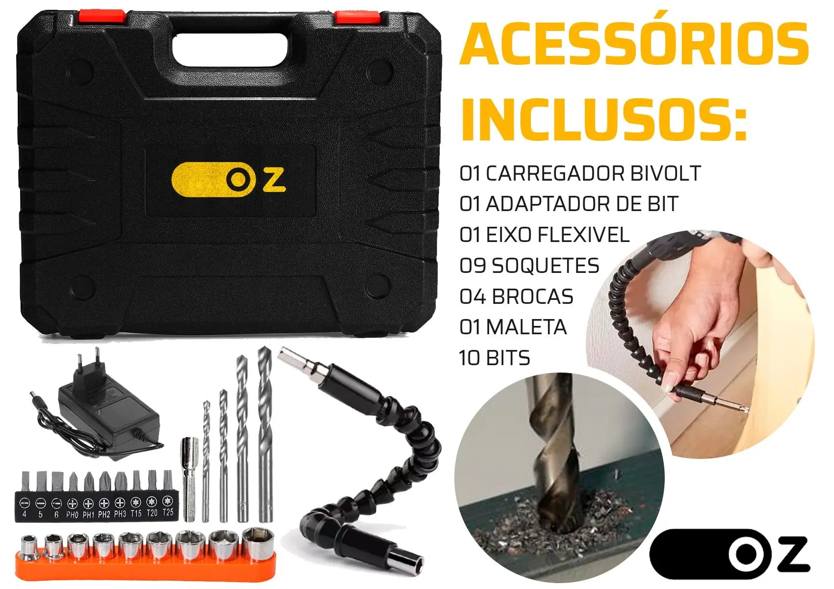 Jogo De Ferramentas 169 Peças Com Maleta E Furadeira Parafusadeira Sem Fio A Bateria - Oz - Imagem 3