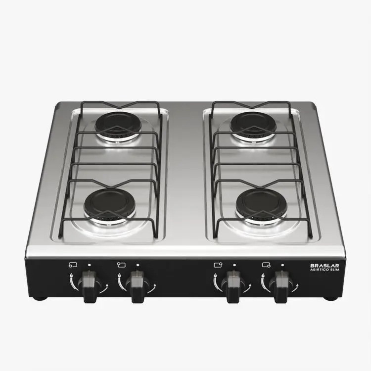 Fogão Cooktop de Mesa 4 Bocas Gás Portátil Braslar Inox Preto e Branco 110/220V