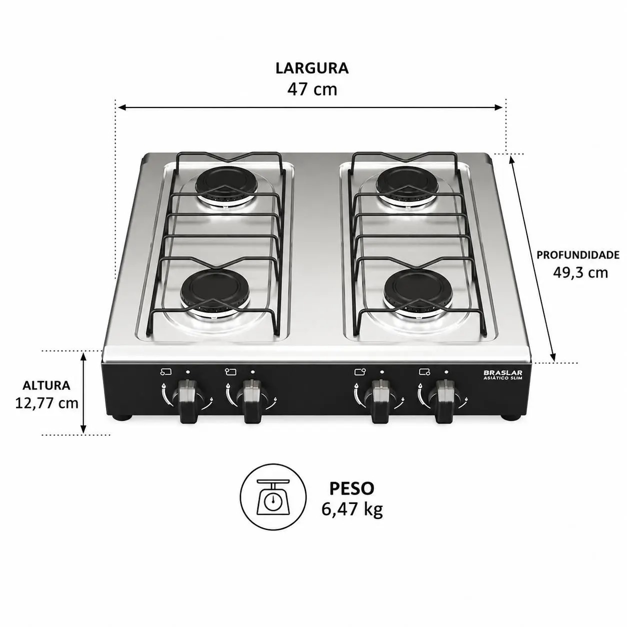 Fogão Cooktop de Mesa 4 Bocas Gás Portátil Braslar Inox Preto e Branco 110/220V - Imagem 4
