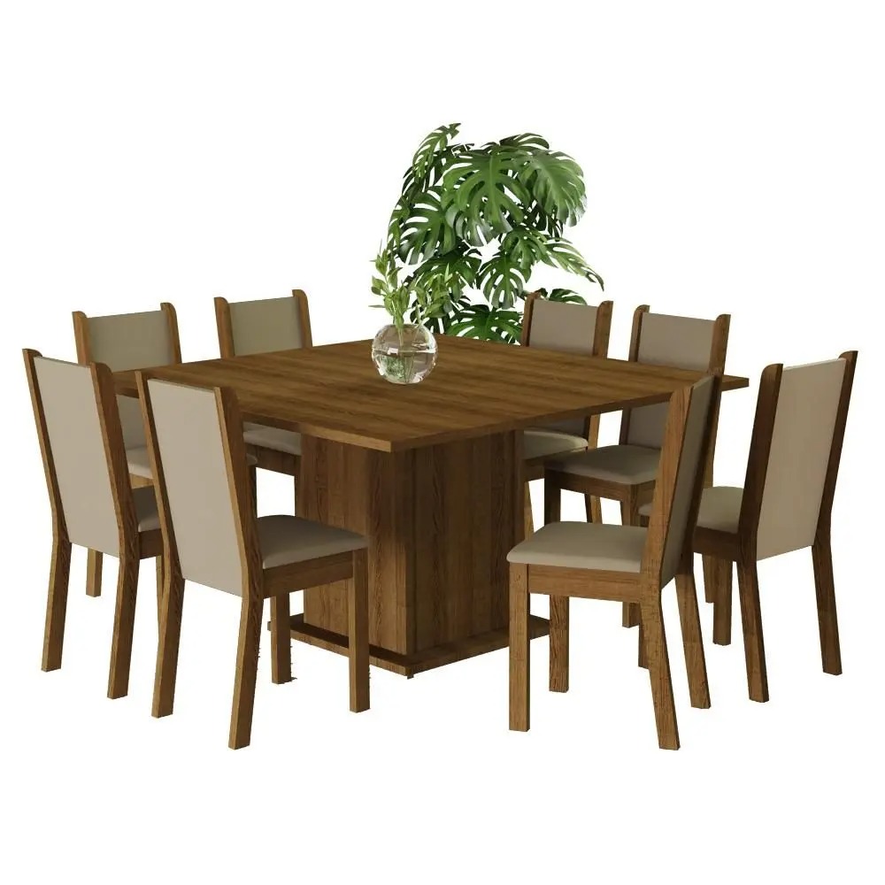 Conjunto Sala de Jantar Mesa Tampo de Madeira 8 Cadeiras Rustic/Crema/Bege Marisa Madesa - Imagem 2