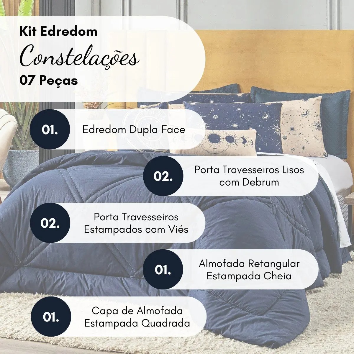 Kit Edredom Cobertor QUEEN Constelações com Almofadas e Fronhas Estampadas 07 Peças Percal Algodão - Rainha do Enxoval - Imagem 3