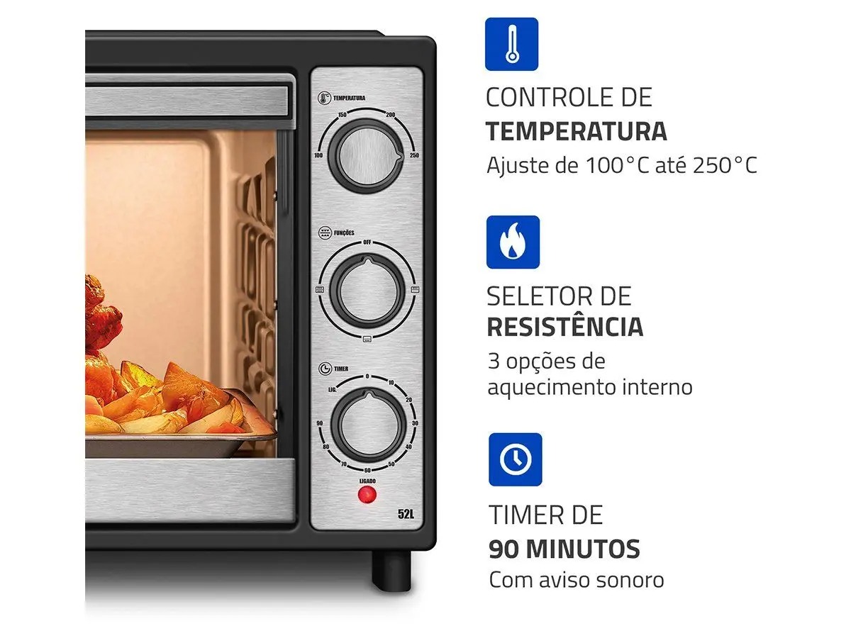 Forno Elétrico de Bancada Mondial Preto e Inox 52L Preto Family Grill FRN-52-BI 110/220V - Imagem 3