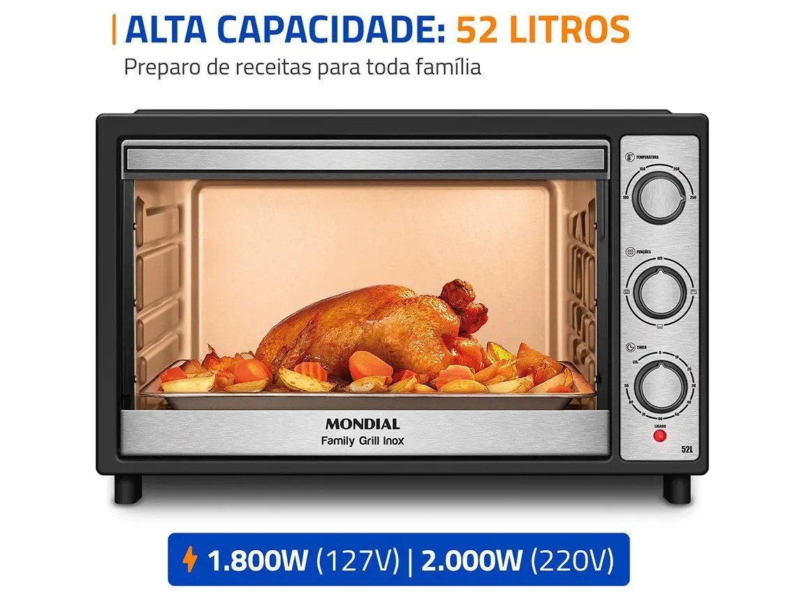 Forno Elétrico de Bancada Mondial Preto e Inox 52L Preto Family Grill FRN-52-BI 110/220V - Imagem 4