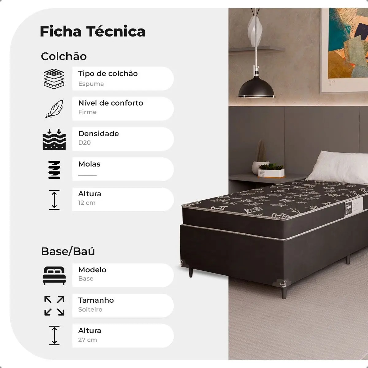 Cama Box Solteiro + Colchão Espuma D20 - 51x88x188cm - Suede Preto - e-Shop Casa - Imagem 4