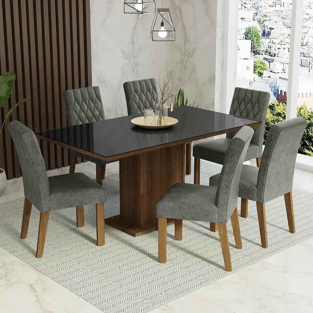 Conjunto Mesa de Jantar 6 lugares Tampo de Vidro Geórgia Madesa