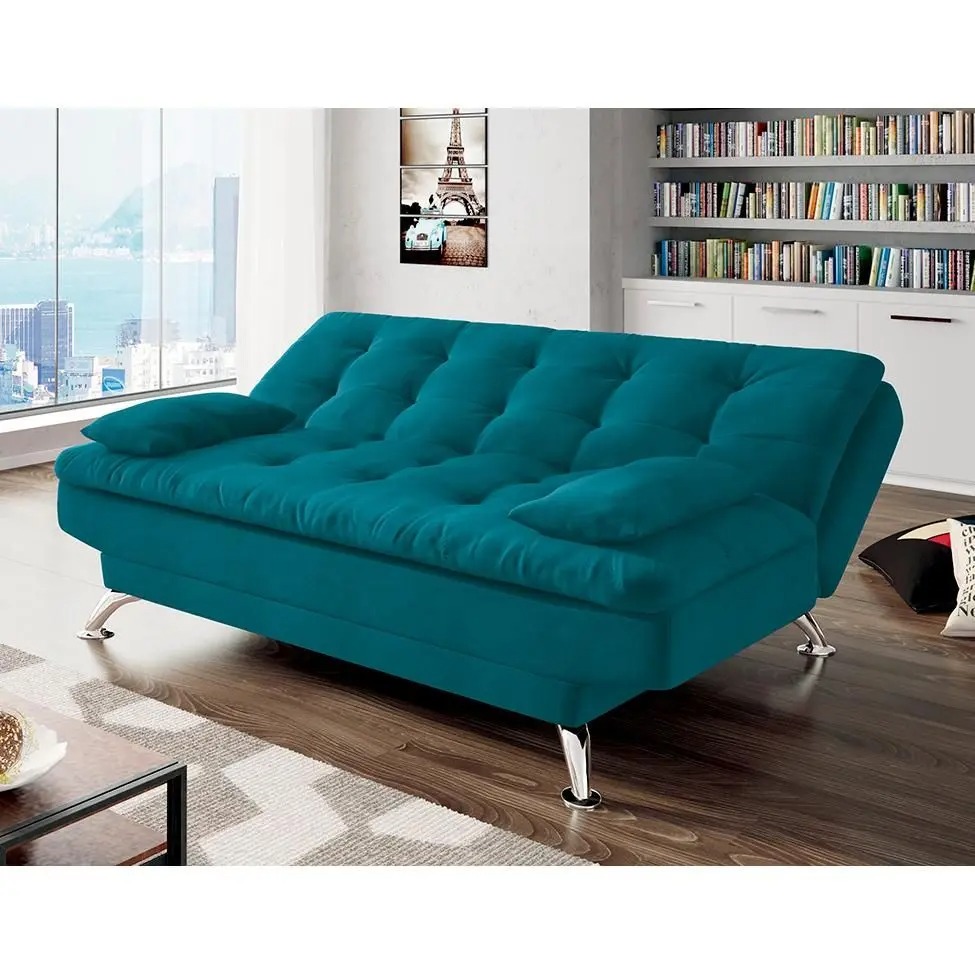 Sofá-Cama Casal 3 Lugares Premium A2 Suede Azul Turquesa - Mobly - Imagem 2