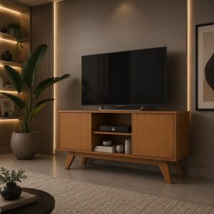 Rack Para TV 50 Pol. Turim Pés em Madeira, Nichos e 2 Portas Envio Rápido - Dullar Móveis