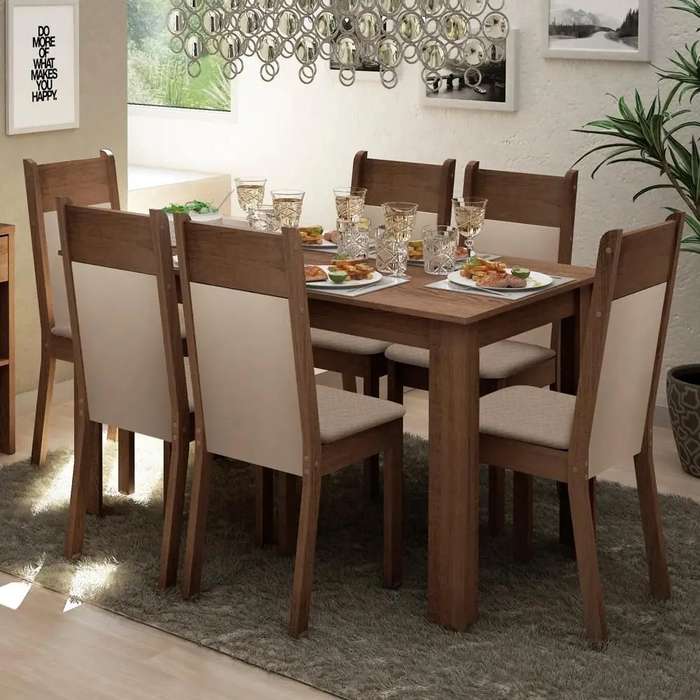 Conjunto Sala de Jantar Mesa Tampo de Madeira 6 Cadeiras Rustic/Crema/Bege Jaíne Madesa - Imagem 2