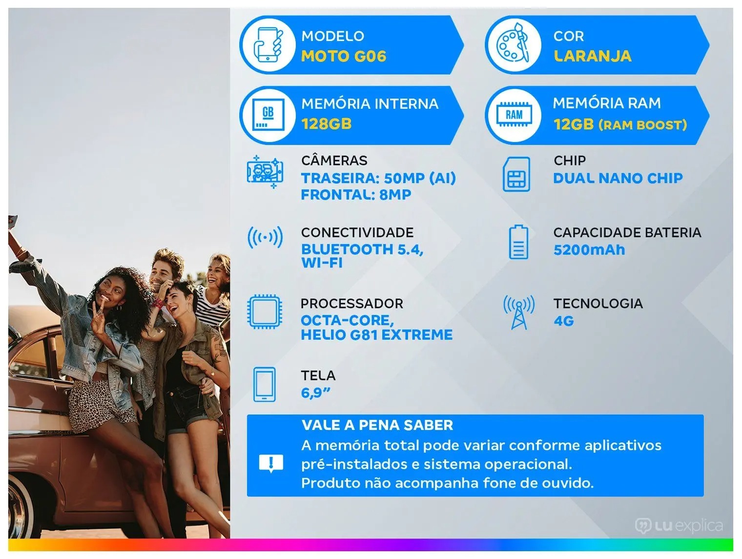 Smartphone Motorola Moto G06 128GB 12GB 4GB RAM+8GB RAM Boost Câmera 50MP - Laranja - Imagem 3