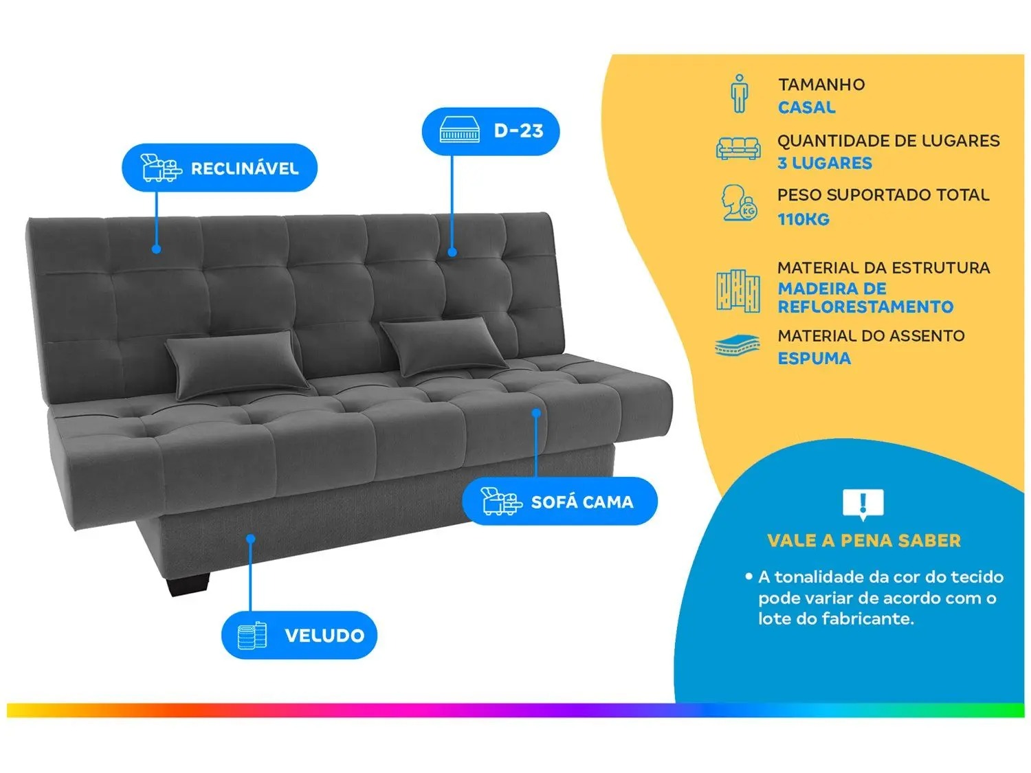 Sofá-cama 3 Lugares Casal Reclinável Veludo Matrix Laila - Imagem 4