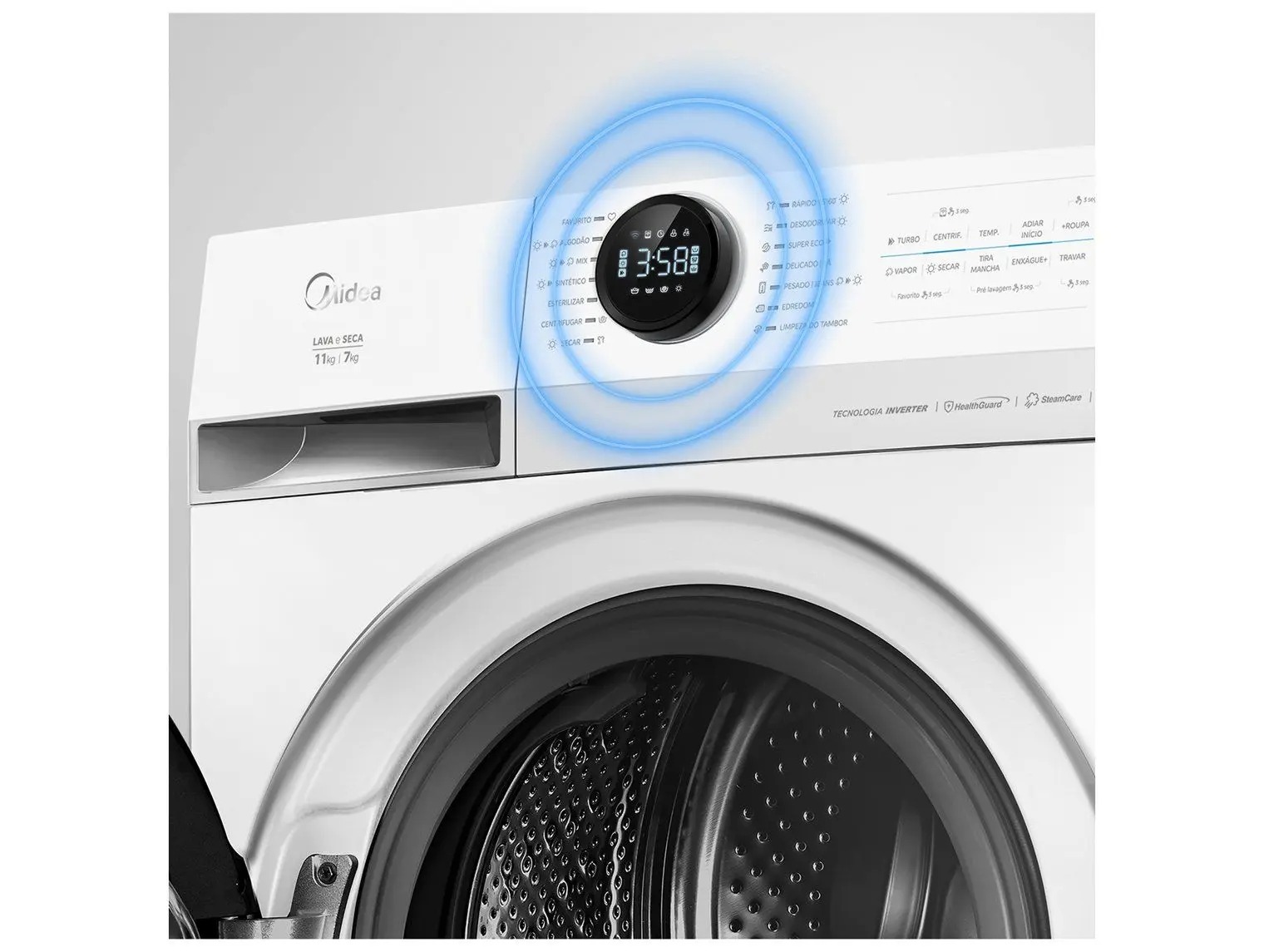 Lavadora de Roupas Midea Slim 11kg HealthGuard Smart Inverter Água Fria e Quente Branco MF201W110WB/WK-01 110/220V - Imagem 7