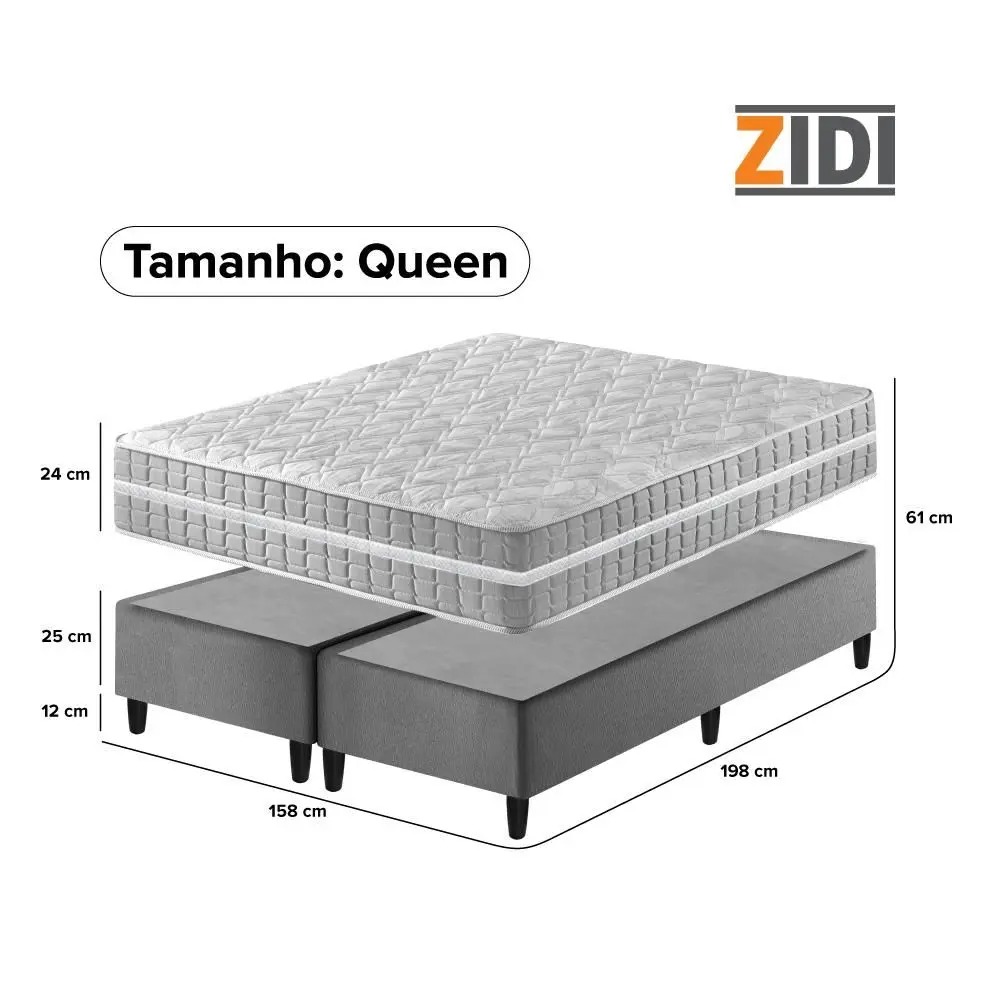 Cama Box Queen Bipartido Cinza Colchão Molas Ensacadas Zidi Alabama 158x198x61cm - Imagem 5