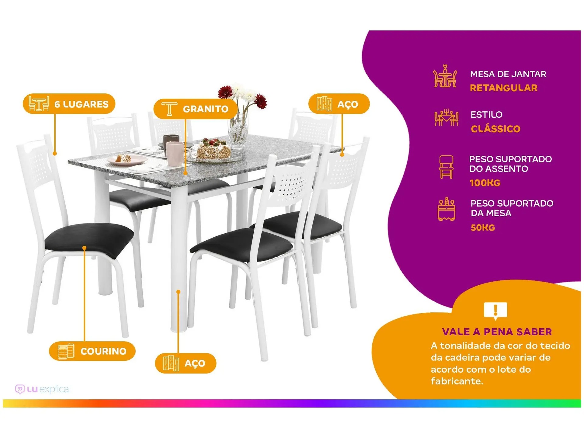 Mesa de Jantar 6 Cadeiras Retangular Aço Tampo Granito Poeme Ciplafe - Imagem 2